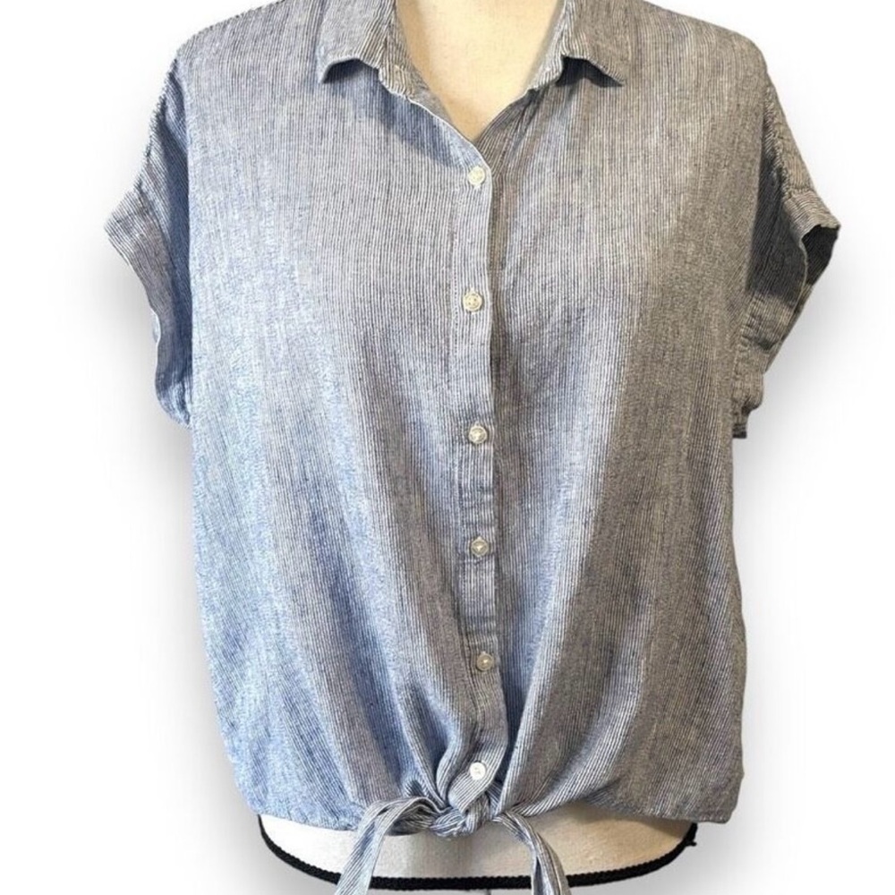 Weatherproof Vintage Striped Washable Linen Tie Front Shirt Blue & White Large